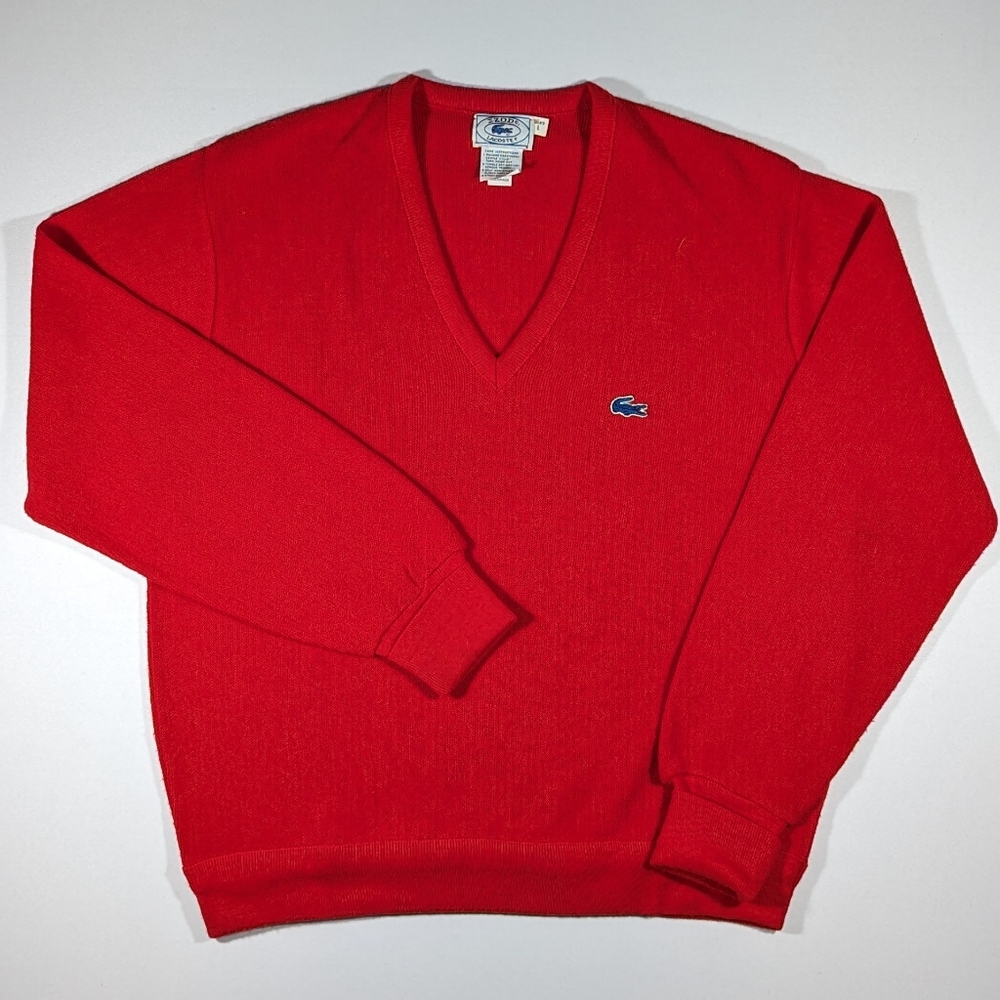 Vintage Izod Lacoste V-Neck Red Sweater Blue Alligator Size Large Orlon Acrylic